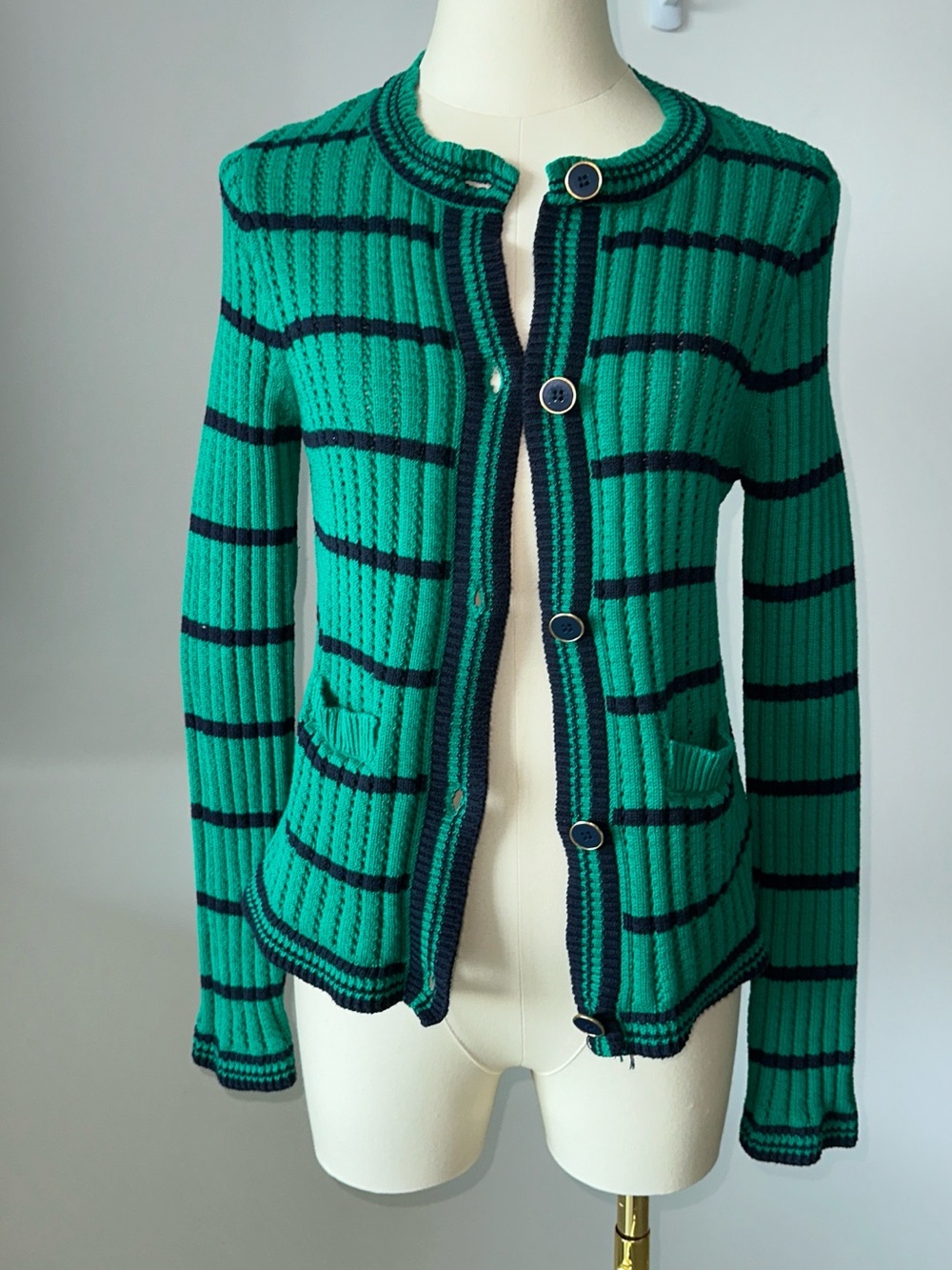 Striped Green Button-Front Women's Cardigan